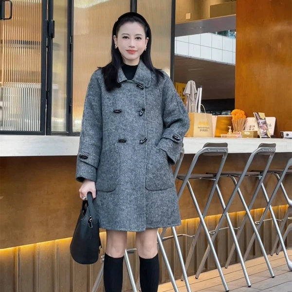 【Si&华严选】气质时尚百搭翻领宽松双面羊毛A版斗篷双排扣外套1005