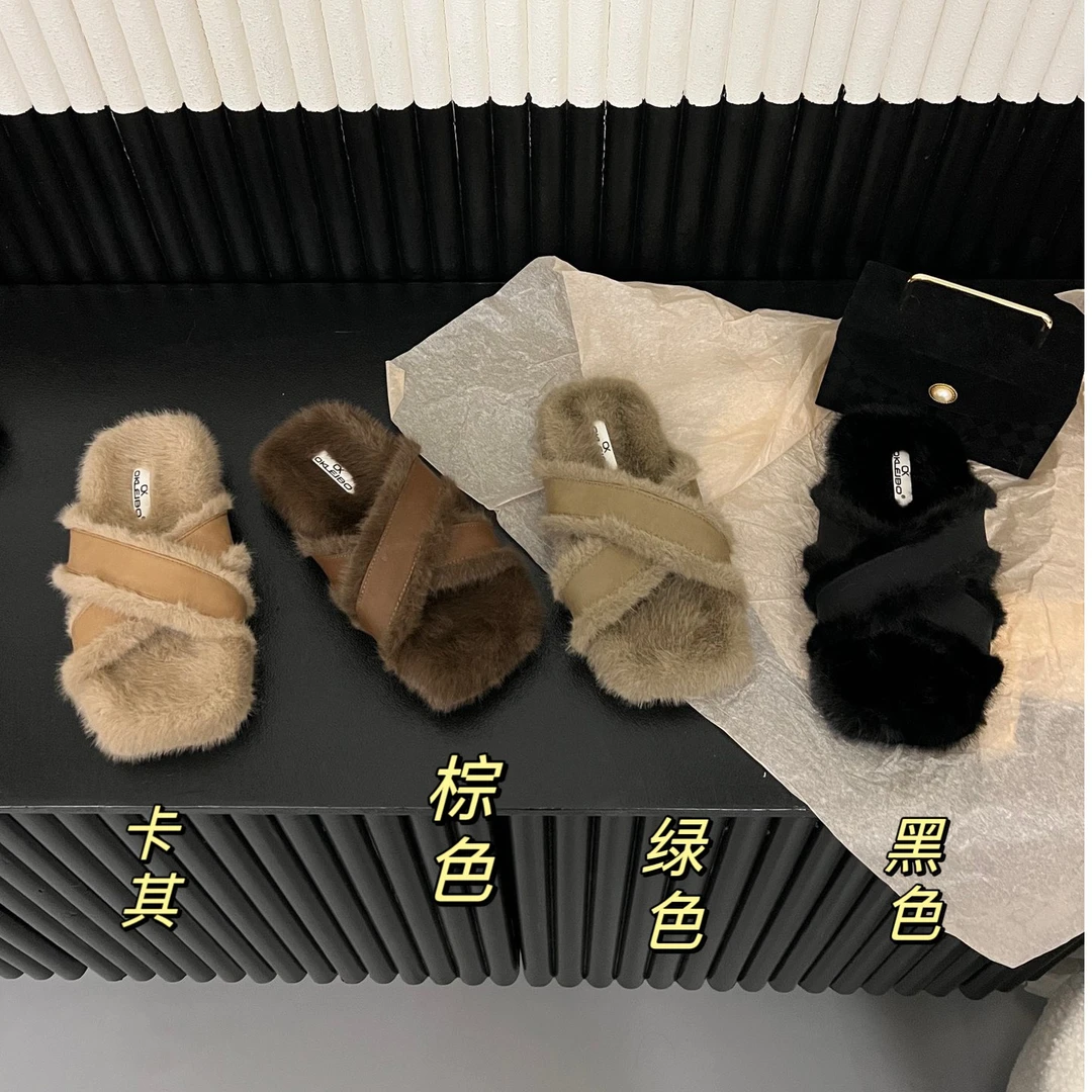 【Si&华严选】网红百搭毛毛拖鞋外穿秋冬新款时尚交叉一字拖5231