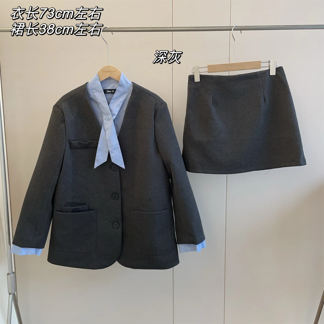【Si&华严选】学院风毛呢夹棉套装裙假两件排扣西装外套+半身裙9919