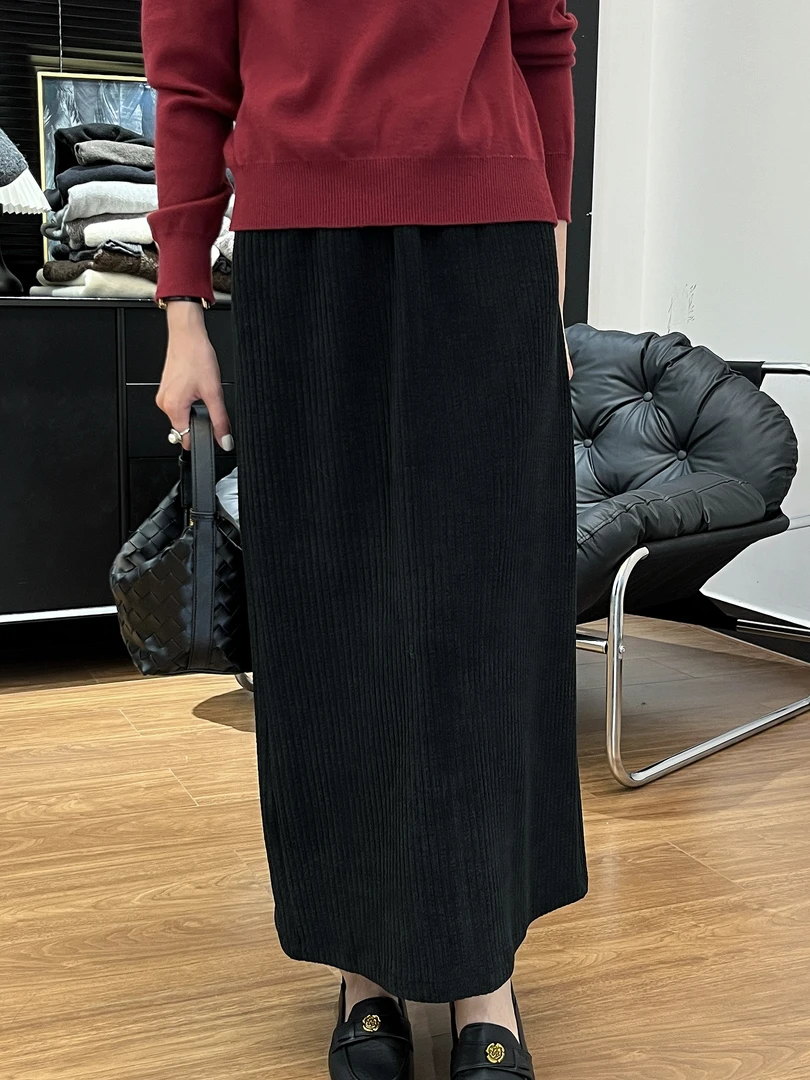 【Si&华严选】韩系时尚高腰欧棉绒半身裙秋冬后分叉中长款裙7790