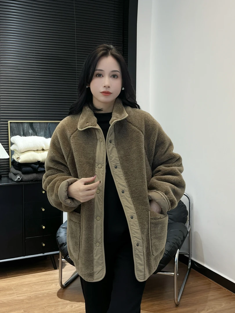 【Si&华严选】复古皮毛一体外套立领设计感撞色羊羔绒开衫上衣2978