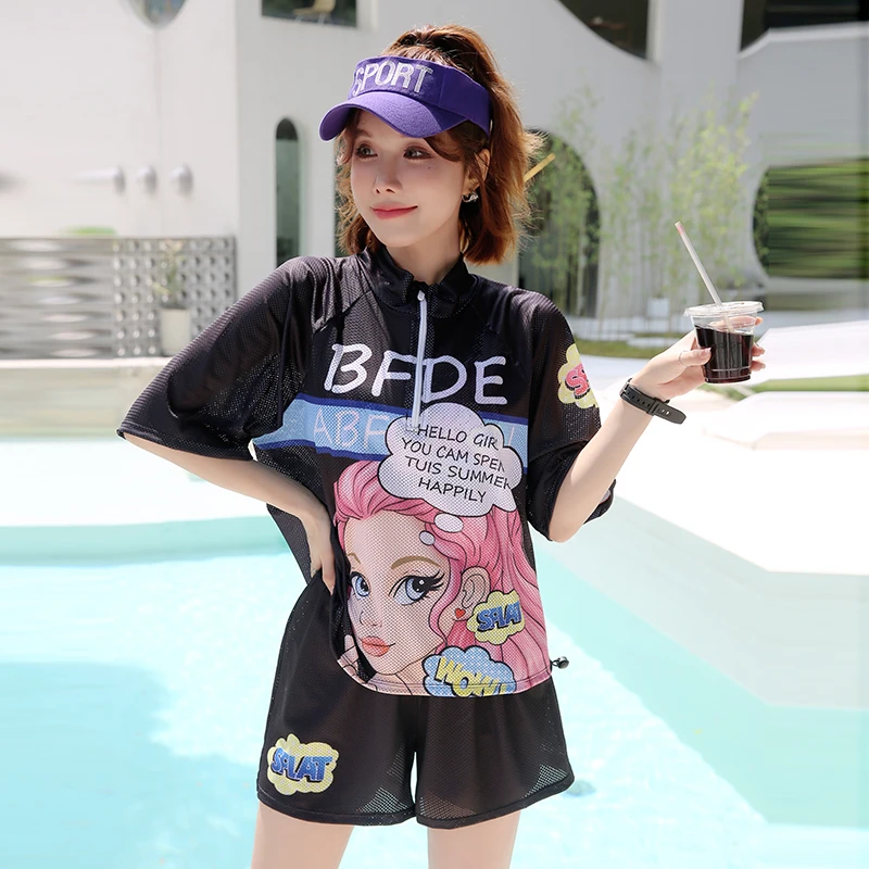 华解语【时尚芭比】大码运动泳衣女宽松遮肉分体泳装保守水上乐园