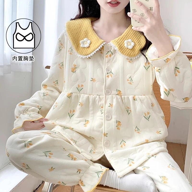 秋冬空气棉月子服产妇哺乳睡衣带胸垫产后纯棉大码加厚保暖冬套装