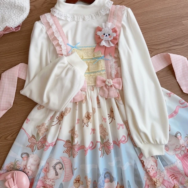 Lolita原创内搭女秋冬打底长袖甜美可爱半高领灯笼袖保暖德绒少女