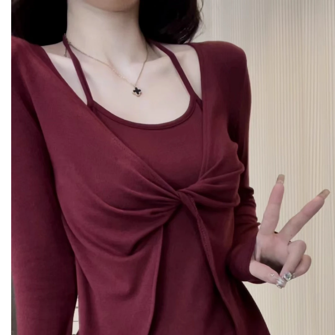 秋季挂脖设计感扭结假两件长袖T恤女新款修身显瘦辣妹上衣潮