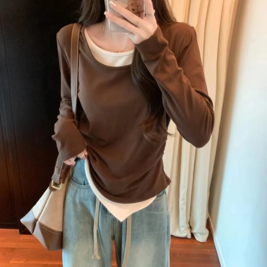 拼接撞色假两件内搭短款打底衫时尚百搭长袖修身显瘦遮肉T恤上衣