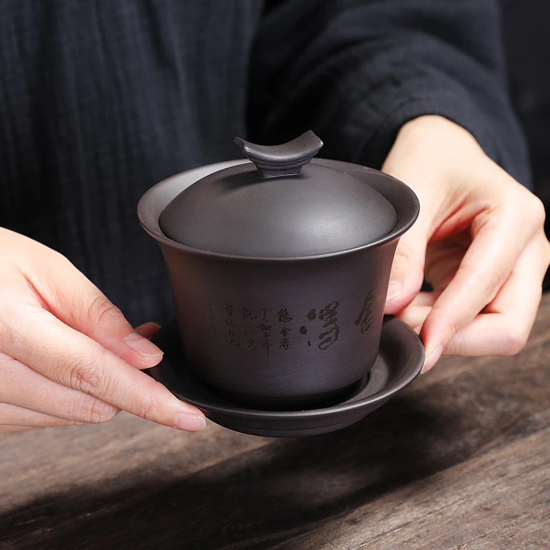 紫砂盖碗茶具刻字大容量三才盖碗家用泡茶器功夫茶碗冲泡盖碗单个