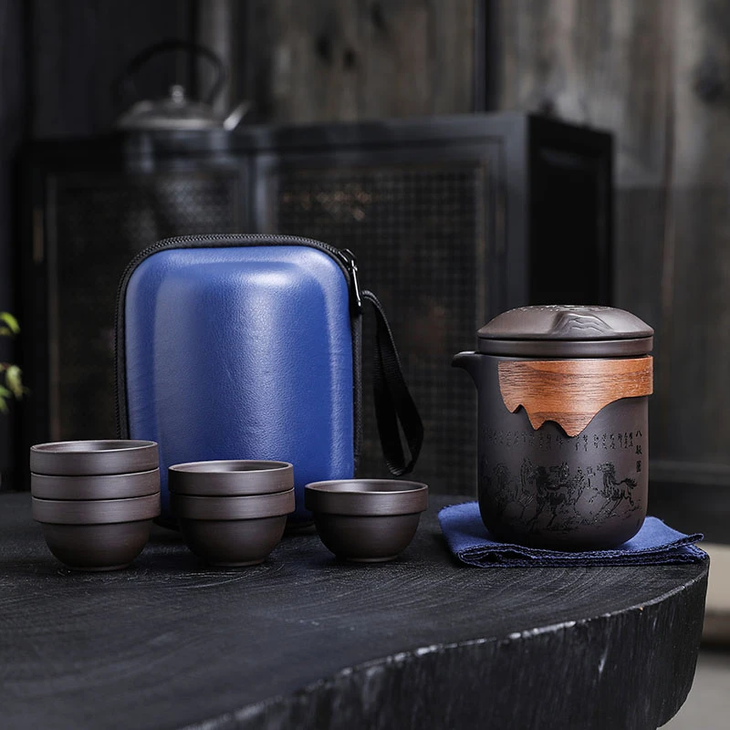 紫砂户外旅行茶具套装便携式快客杯一壶六杯茶水分离泡茶茶杯套装