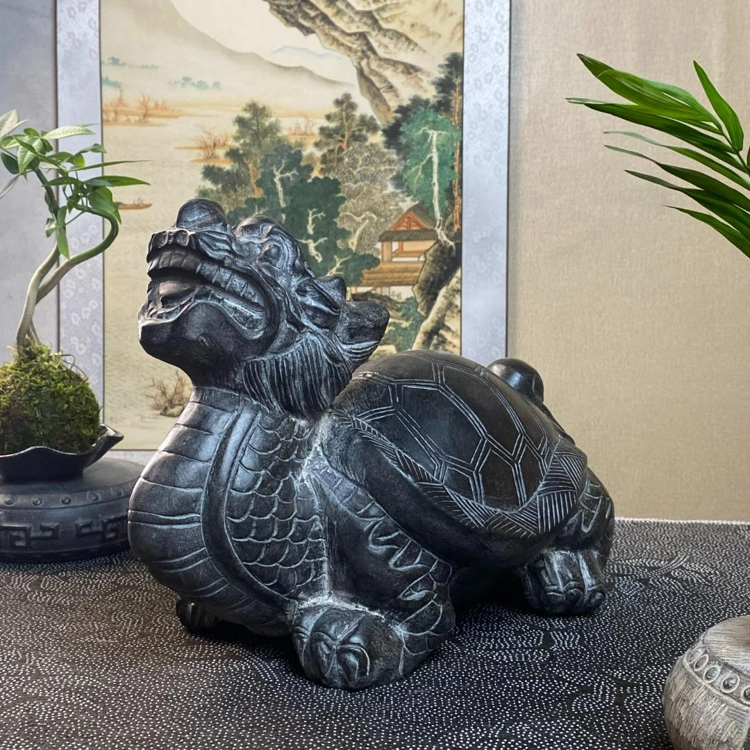 绛石記青石石雕龙龟茶室居室玄关摆件鱼缸
