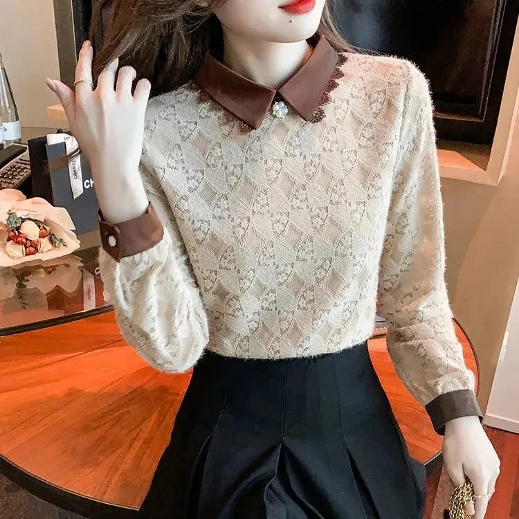 加绒蕾丝打底衫女秋冬季2023新款娃娃领高档洋气小衫减龄显瘦上衣