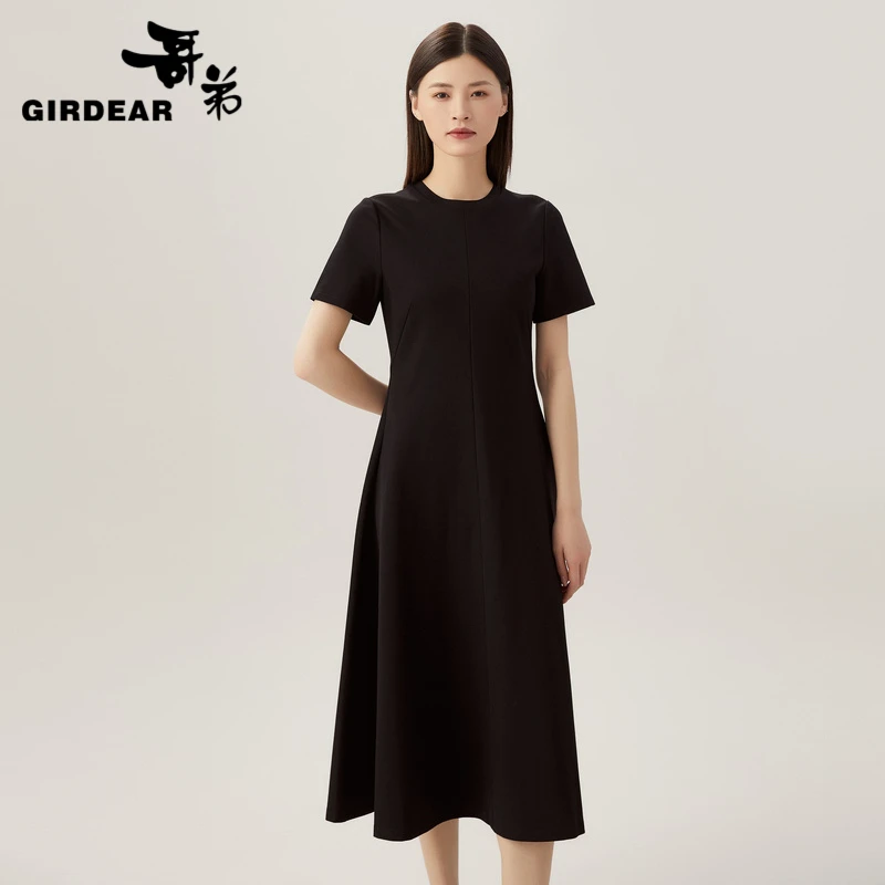 GIRDEAR/哥弟新款显瘦气质优雅圆领收腰中长短袖黑色长裙1500452