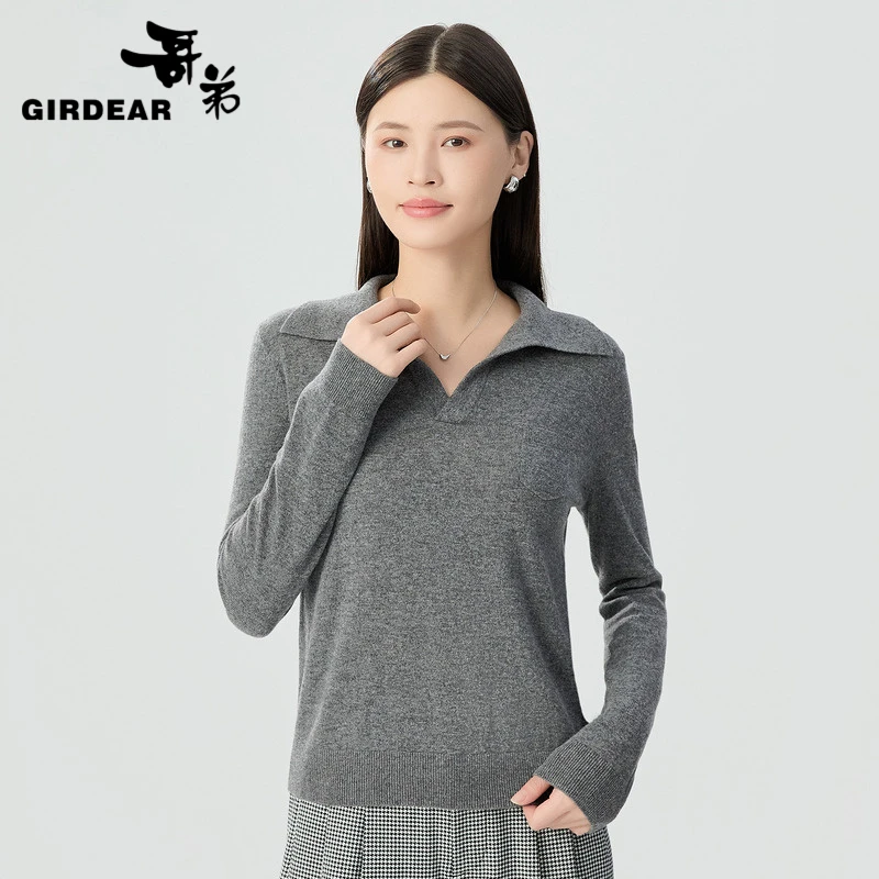 GIRDEAR/哥弟秋冬新款气质百搭V型翻领宽松长哥特高针织短袖上衣