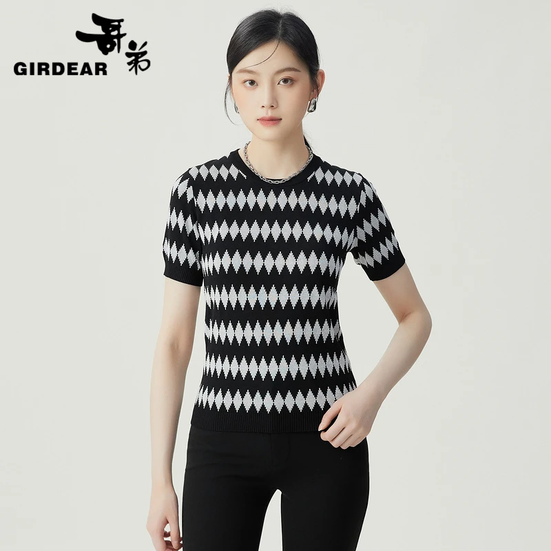 哥弟GIRDEAR夏季新款时尚百搭通勤高弹菱格撞色圆撞针织短袖上衣