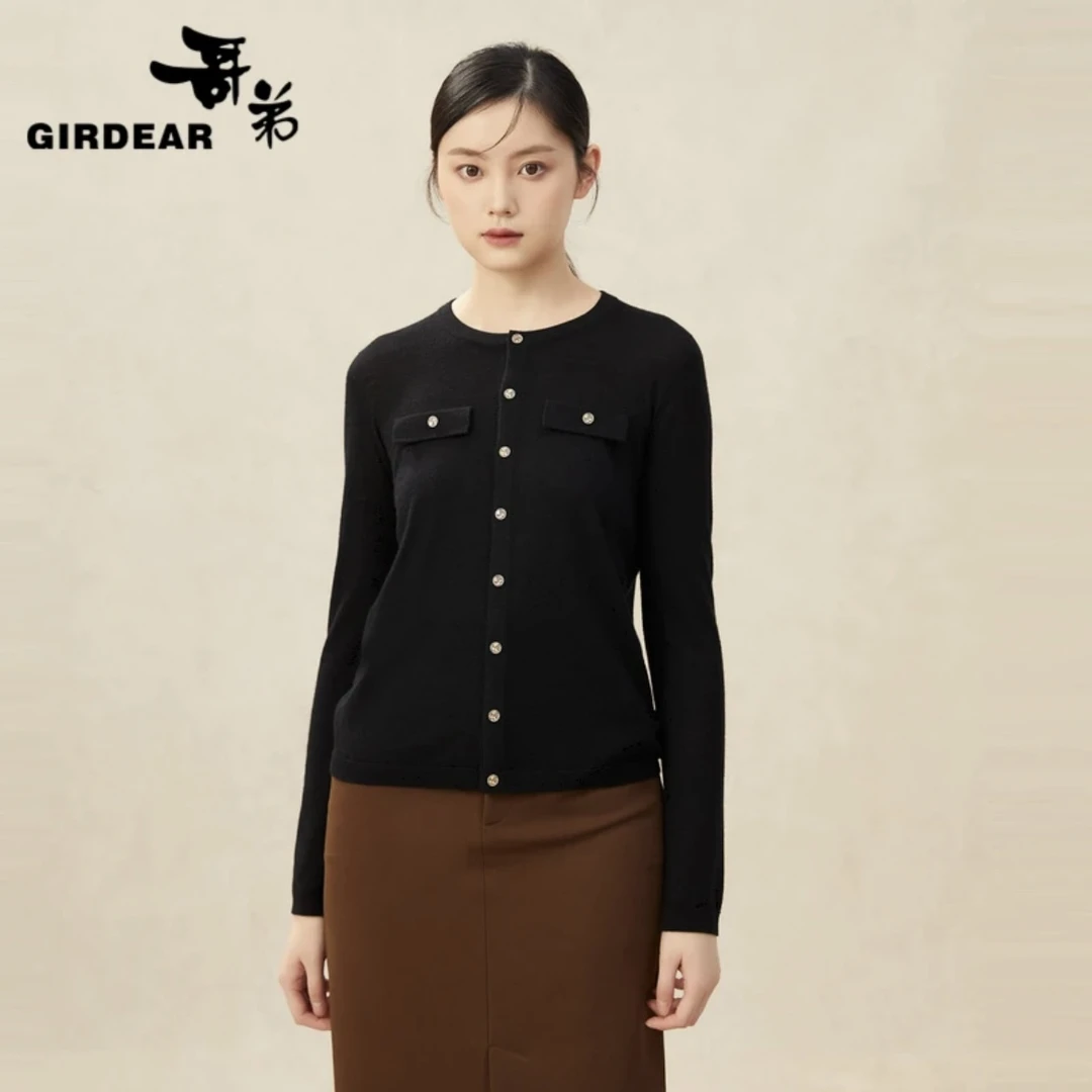 GIRDEAR/哥弟新款品质女装专柜正品黑色圆领小香条针织短袖上衣
