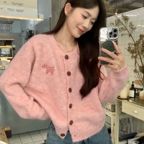 秋季新款温柔甜美风小狗贴布毛衣开衫女装早秋宽松显瘦针织衫上衣