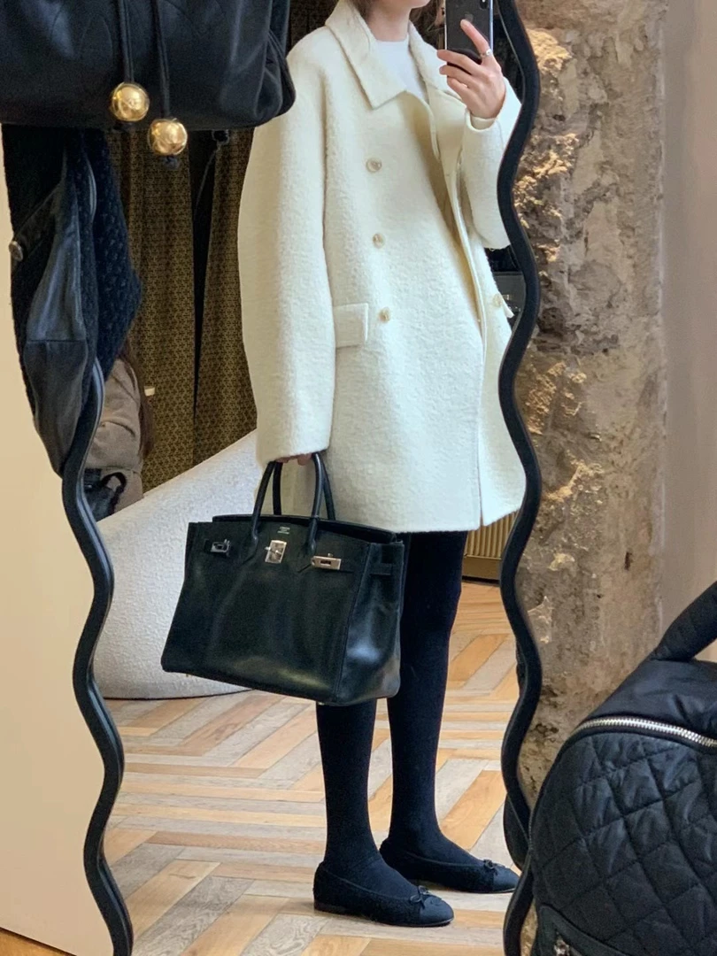 欧尼国内自制 韩国博主款奶白羊毛外套