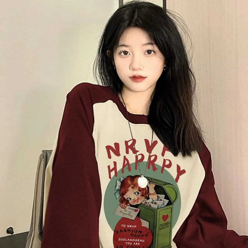 佐朗格奴/纯棉复古休闲撞色插肩长袖T恤衫女圆领拼接宽松ins上衣