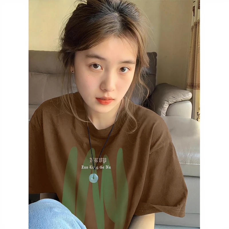 佐朗格奴/纯棉时尚创意棕色小众设计印花短袖T恤女高级感减龄上衣