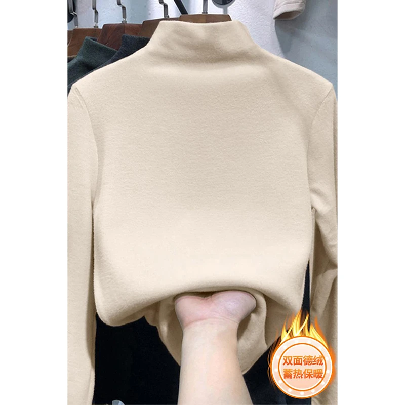 御寒保暖内搭打底衫女纯色通勤双面德绒加厚秋冬季半高领修身上衣