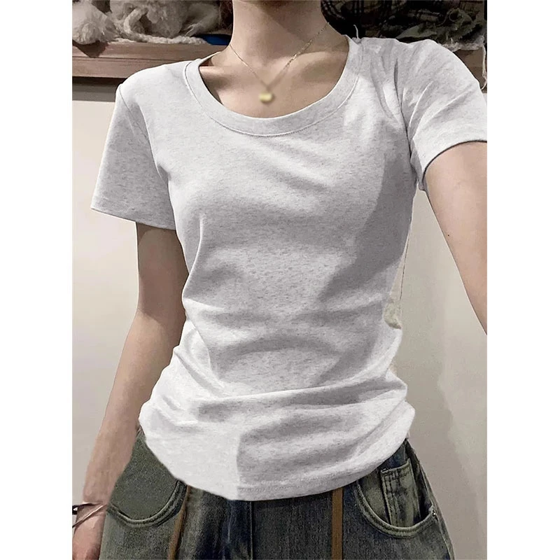 佐朗格奴/春夏显瘦T恤衫小众修身设计感纯色短袖正肩弹力辣妹上衣