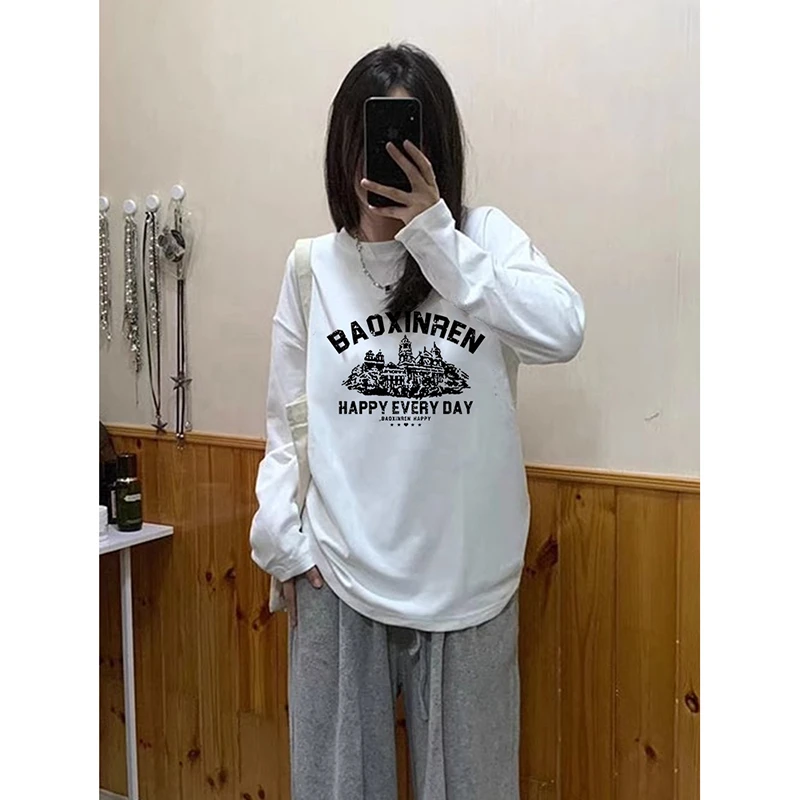 纯棉长袖t恤女士打底衫秋冬内搭2023欧货大版ins宽松下衣失踪上衣
