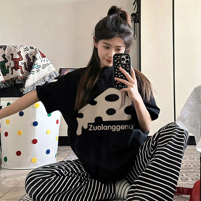 【纯棉】黑色卡通奶酪印花短袖t恤女2023新款宽松大版潮洋气体恤