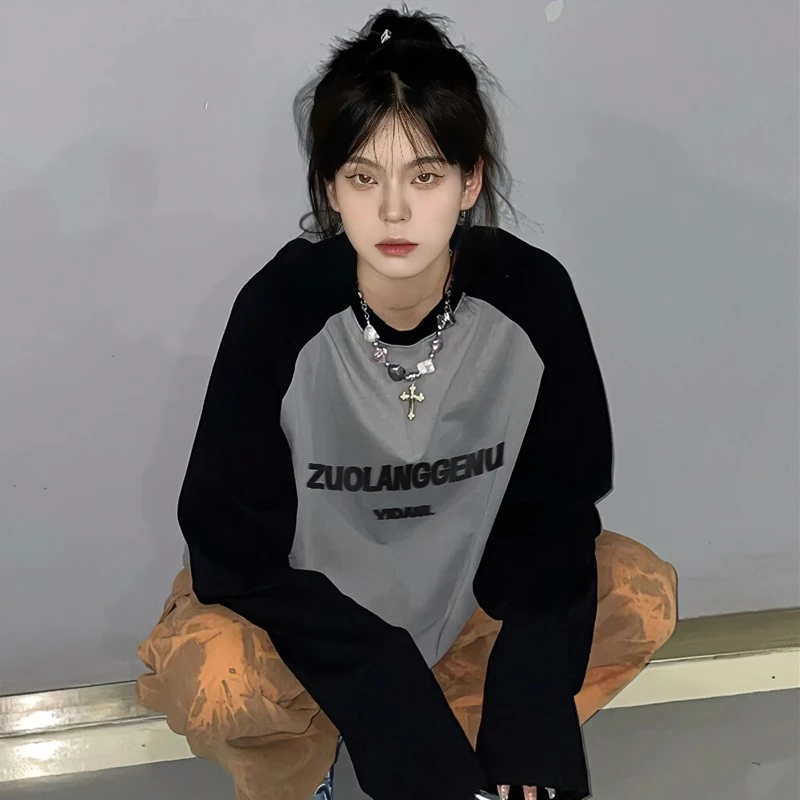 佐朗格奴/纯棉撞色春秋冬季插肩袖2023长袖T恤女打底圆领宽松上衣