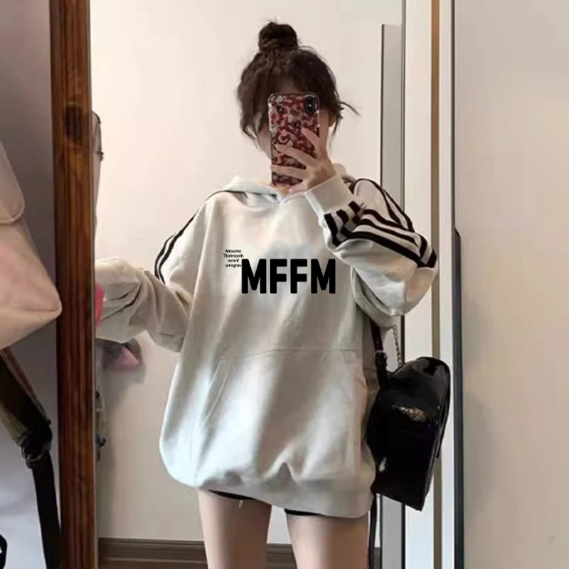 佐朗格奴简约字母冬天加绒连帽卫衣女oversize休闲长袖慵懒风帽衫