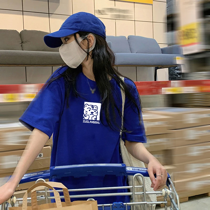 佐朗格奴/纯棉220克克莱因蓝小老虎ins印花短袖t恤女韩版学院夏季