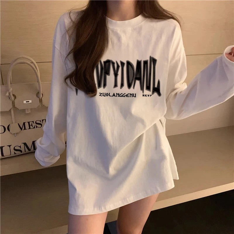 纯棉原创设计感印花上衣秋季薄款内搭oversize白色长袖T恤女潮ins