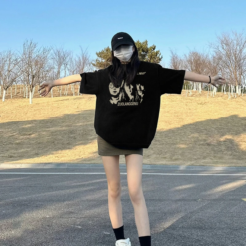 佐朗格奴/220克纯棉摇滚印花设计圆领半袖t恤女宽松美式复古短袖