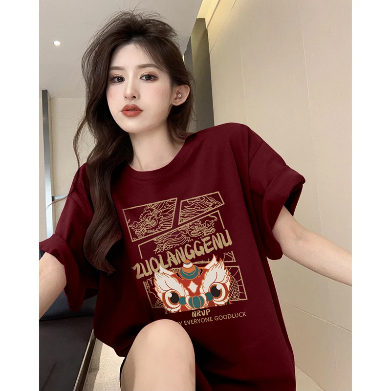 佐朗格奴/复古酒红显白T恤衫女上衣纯棉春夏季韩范慵懒风宽松短袖
