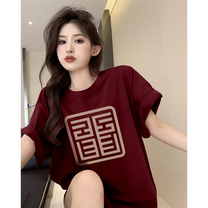 佐朗格奴/小众百搭纯棉T恤女潮复古短袖红色显白夏季圆领ins上衣