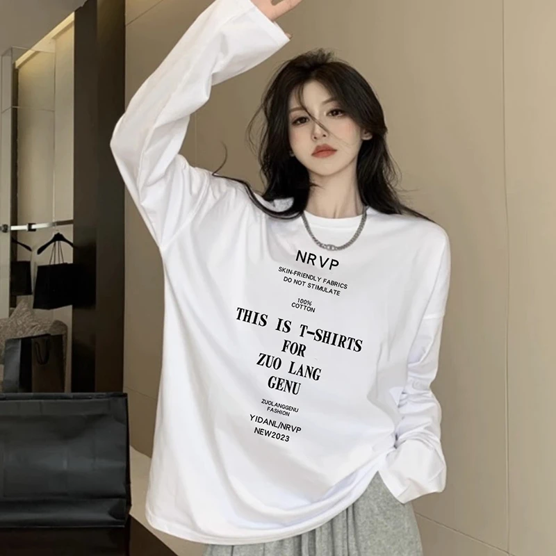 纯棉原创设计感印花上衣秋季薄款内搭oversize白色长袖T恤女潮ins