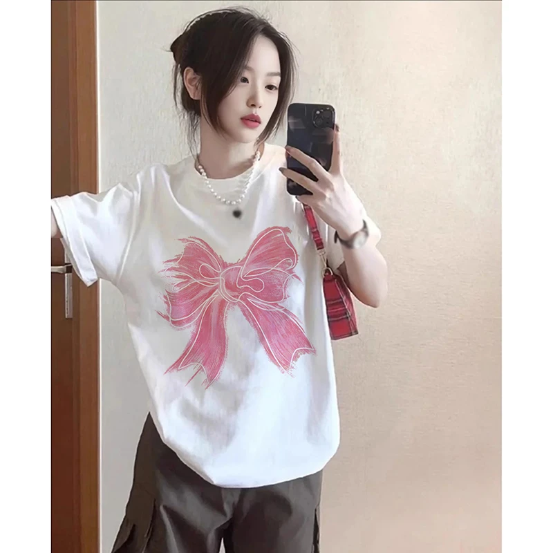 佐朗格奴/韩版甜美蝴蝶结印花半袖夏季宽松港风ins短袖T恤女LL001