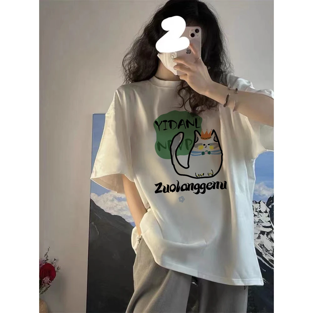 佐朗格奴/220克纯棉白色盐系短袖t恤女夏季宽松女装印花港风上衣