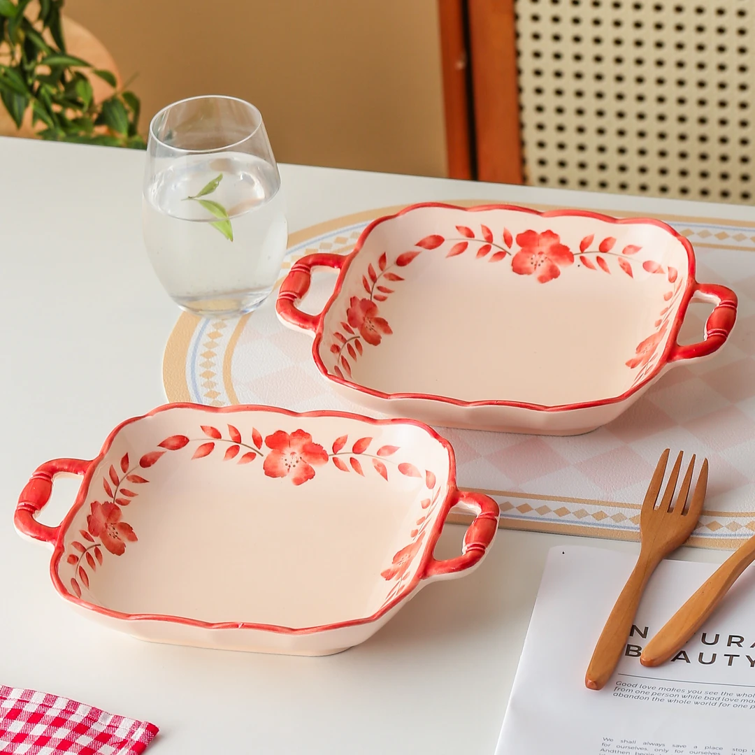 花知晓系列喜庆结婚乔迁餐具高颜值双耳防烫方盘创意家用陶瓷菜盘