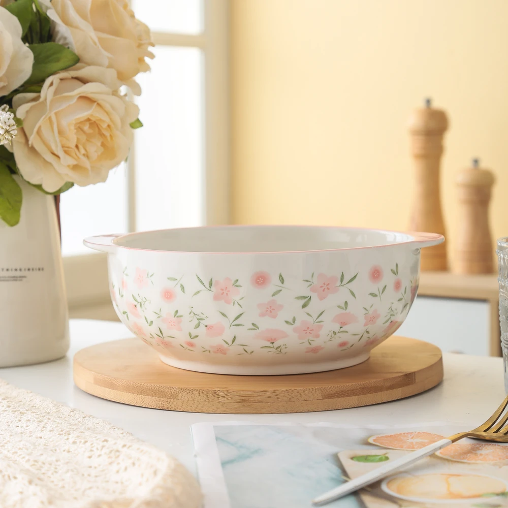 十里桃花系列小清新高颜值家用陶瓷餐具9.5英寸菱格纹双耳汤碗