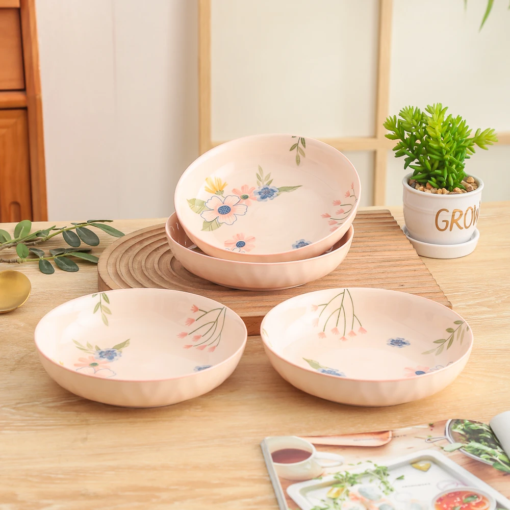 珊瑚海系列可爱小清新高颜值家用陶瓷餐具7英寸菱格深盘（4个装）