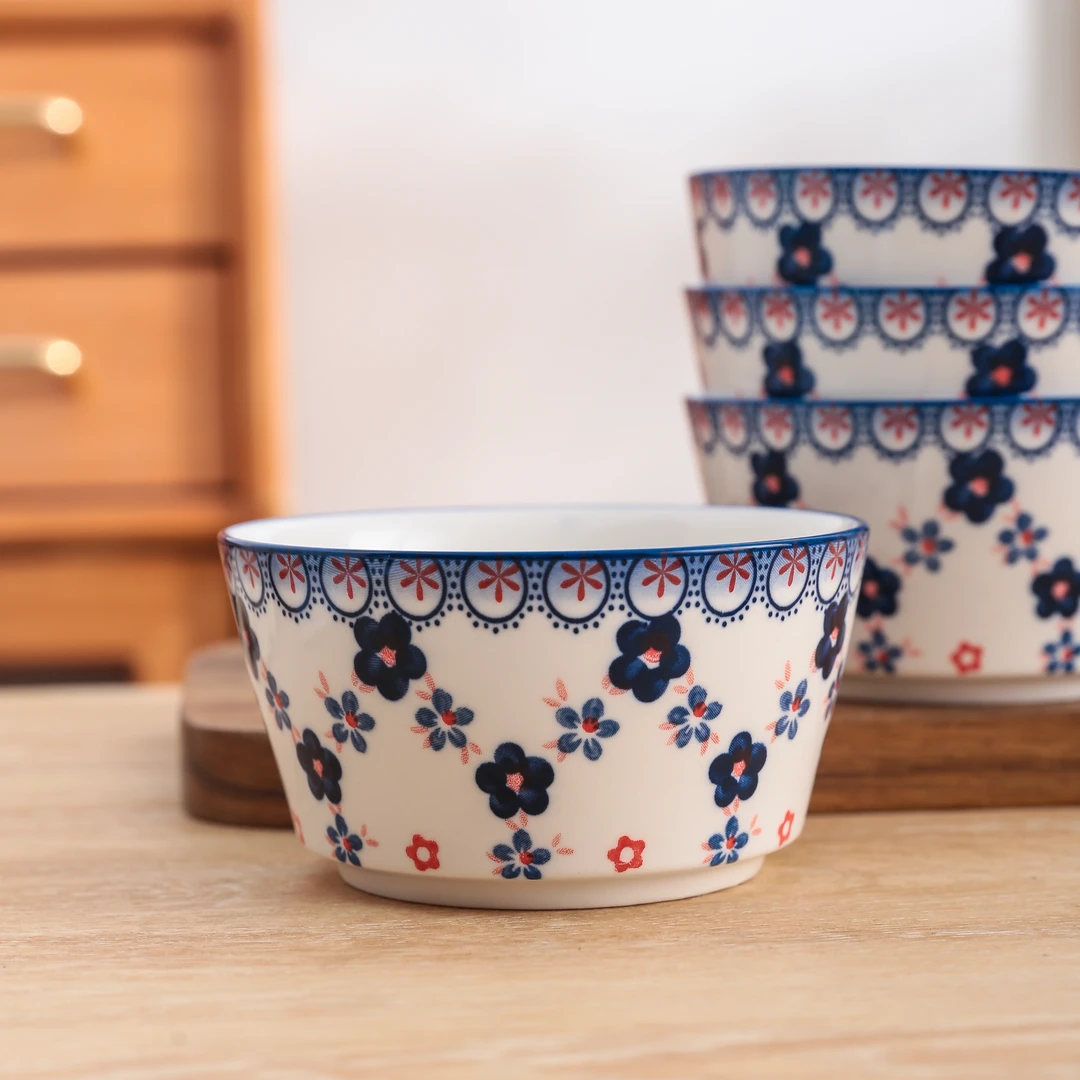 蓝星花开系列小清新高颜值家用陶瓷餐具4.5英寸大肚碗米饭碗汤碗
