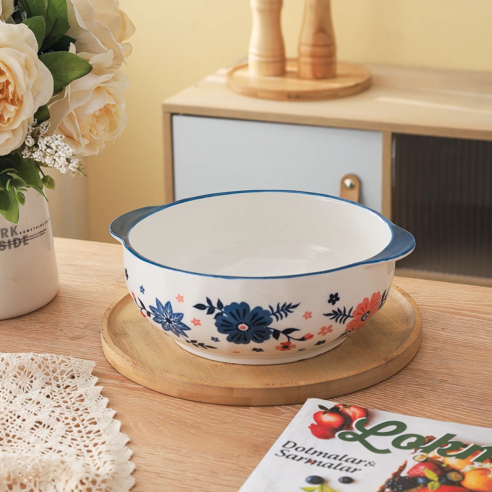 月暮系列小清新高颜值家用陶瓷餐具9.5英寸双耳菱格纹汤碗面碗