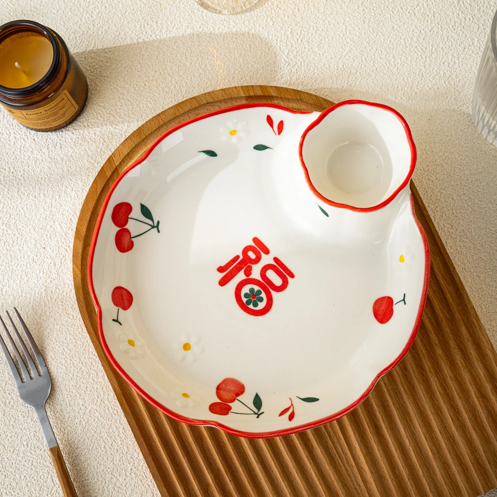 陶瓷饺子蘸料碟家用盘子创意福字分格盘子带醋碟寿司盘早餐盘