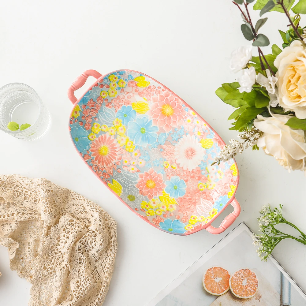 花海系列小清新高颜值家用陶瓷餐具13英寸竹柄双耳鱼盘点心盘餐盘