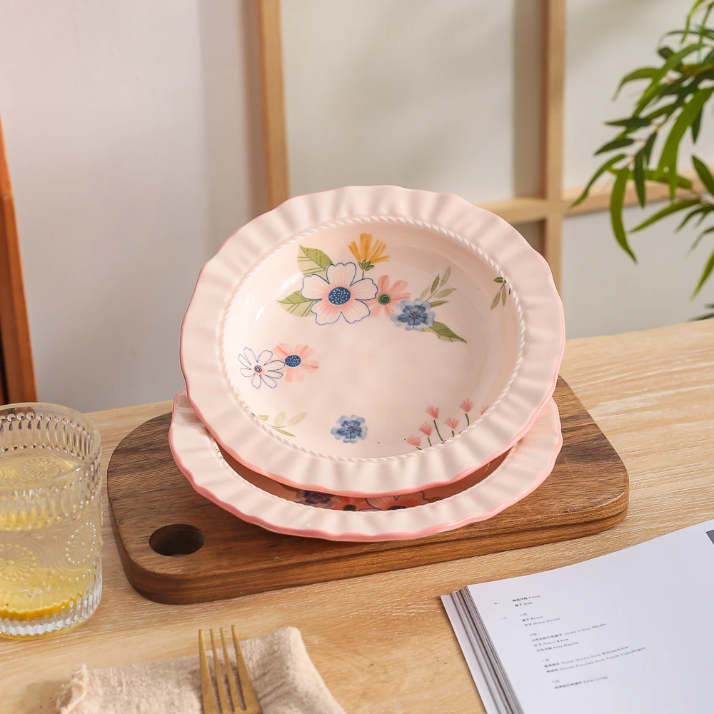 珊瑚海系列小清新高颜值家用陶瓷餐具8.5英寸花边草帽盘汤盘菜盘