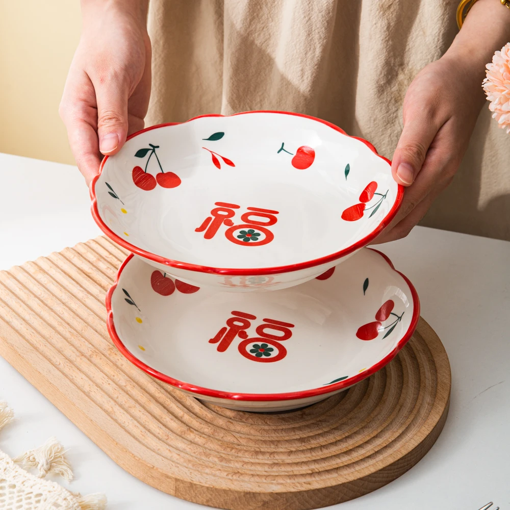 家用陶瓷餐具美二烧釉下彩福果8英寸花型菜盘圆盘盘子(2个装)