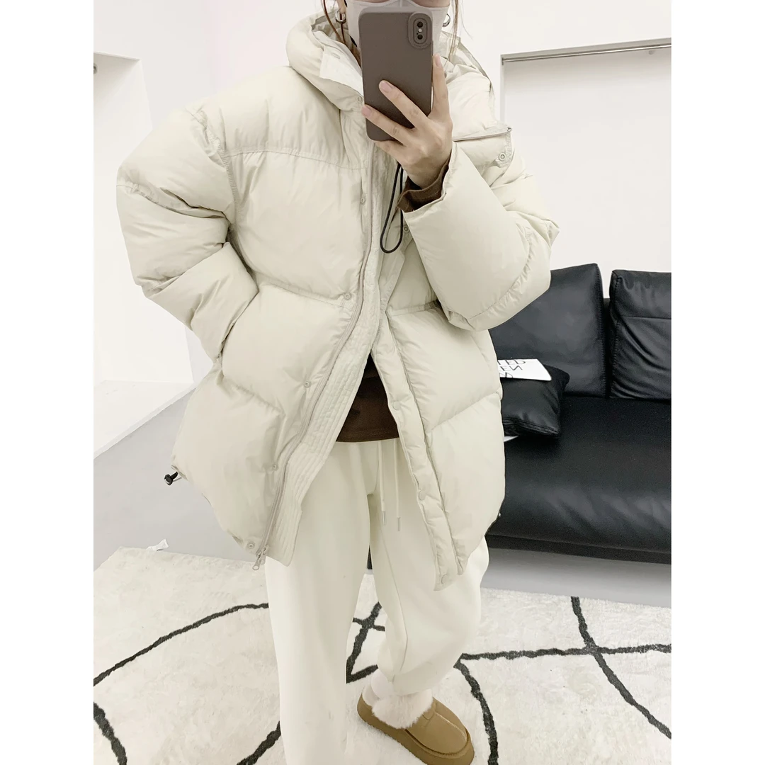 冬季新款时尚百搭保暖连帽羽绒服宽松加厚纯色中长款女款外套