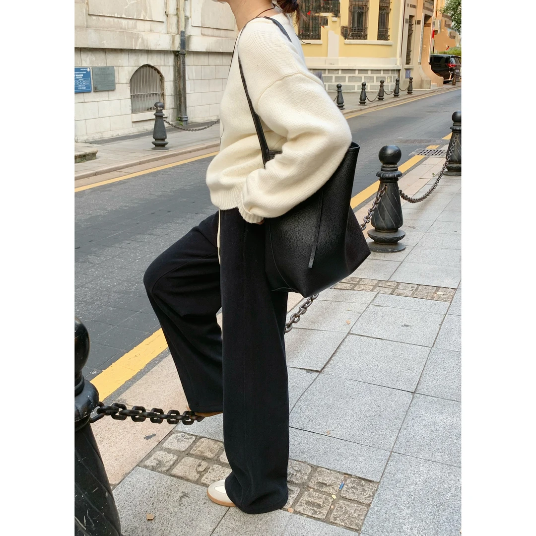 秋冬新款高腰抽绳时尚百搭磨毛显瘦直筒阔腿裤韩版宽松洋气休闲裤