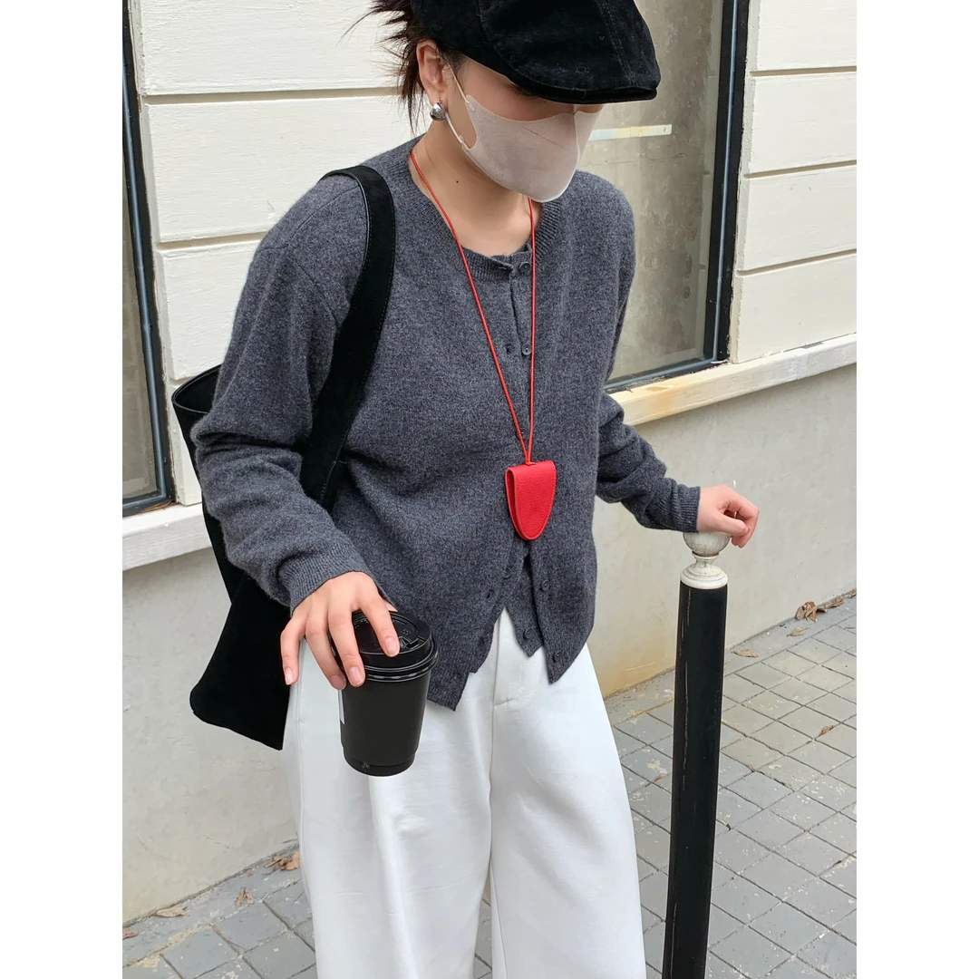 2024秋季新款纯羊毛气质假两件开衫短款宽松圆领长袖显瘦百搭上衣