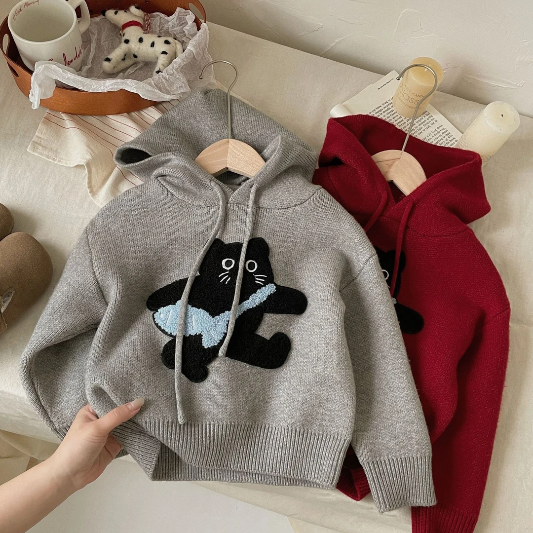 秋冬新款加厚毛衣男女童洋气百搭贴布猫咪针织帽子衫毛衣百搭时尚