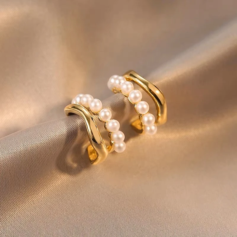 铜合金仿珍珠耳饰 韩国高级感双层小众设计感耳钉气质名媛银针E14